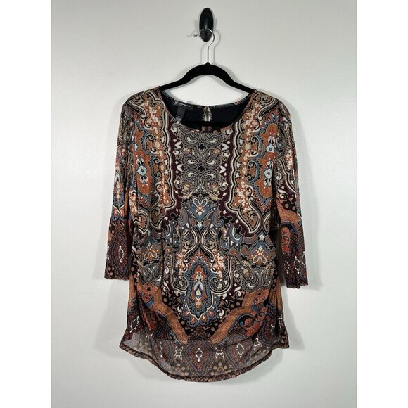 Vtg Inc International Concepts Top Womens 2X Black Brown Paisley Mesh Y2K Ruched - Picture 1 of 11